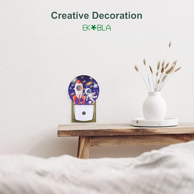 EKOBLA Astronaut and Rocket Night Lights Plug into Wall Outer Space Planets Universe Cartoon LED Dusk to Dawn Plug-in Nightlights Auto Sensor for Home Indoor Teen Boys Bedroom Bathroom