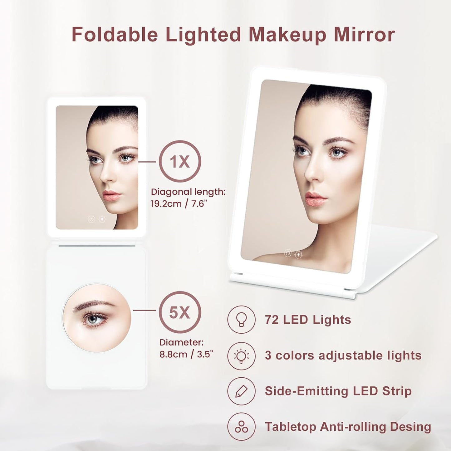ROTOPATA Rechargeable Travel Makeup Mirror with 5X Magnification, Portable Lighted Travel Mirror with 72 LEDs, 3 Color Lighting