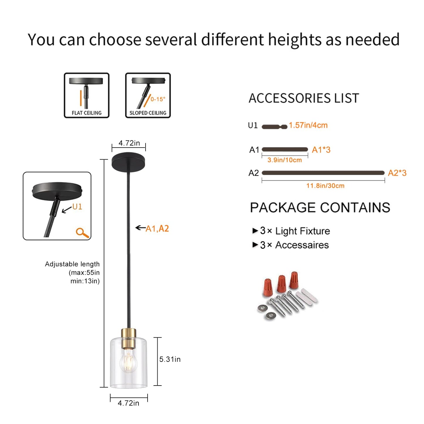KLSS Black Brass Pendant Lights 3 Pack - Clear Glass Fixture with 12 Inch & 4 Inch Rods, Model HJBLDD3P001