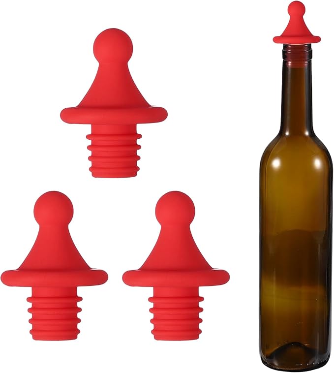 uxcell 3 Pcs Silicone Roof Shape Wine Stopper, Reusable Wine Stoppers Airtight Leak-proof Bottle Plug Liquor Saver with Beer Beverage Bottle Stopper for Bar Holiday Party, Red