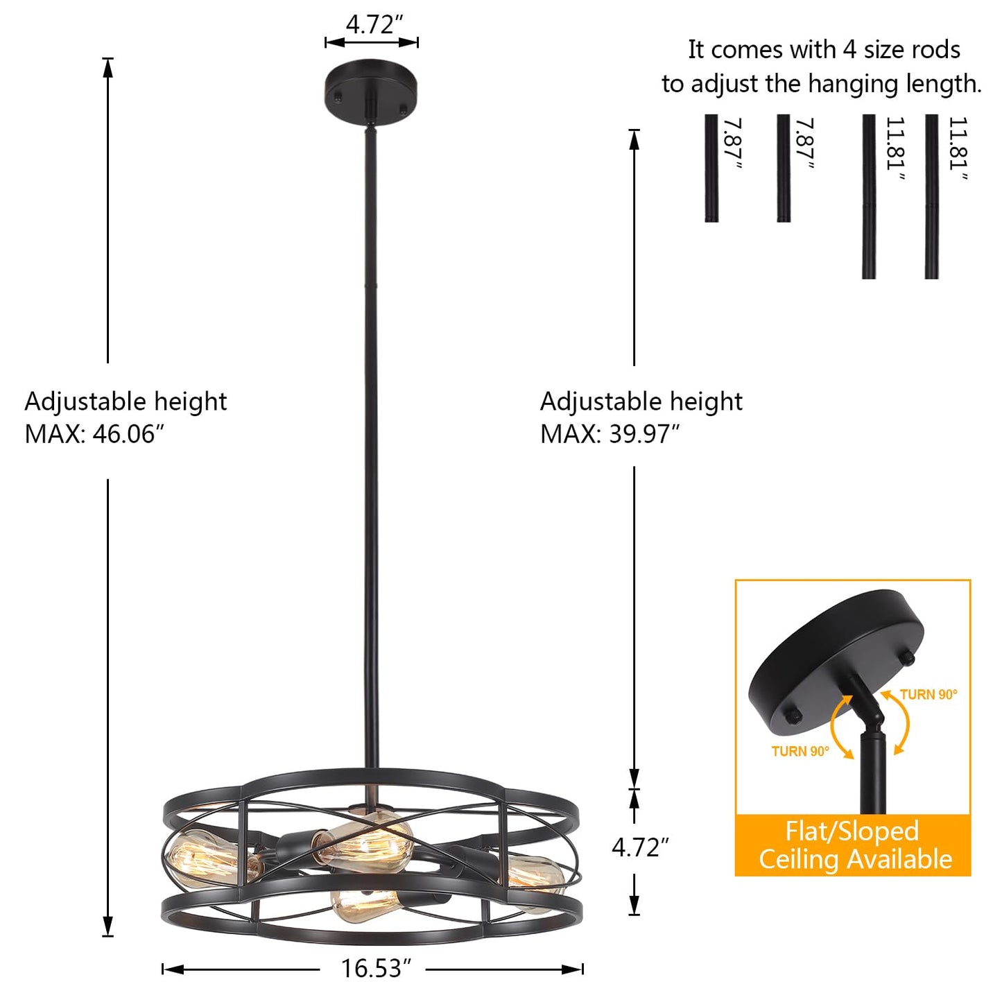 Black Semi Flush Mount Ceiling Lights  Sloped Dining Room Light Fixture Farmhouse Chandelier  Kitchen Island Pendant Lighting Adjustable Height For Entryway Hallway Foyer