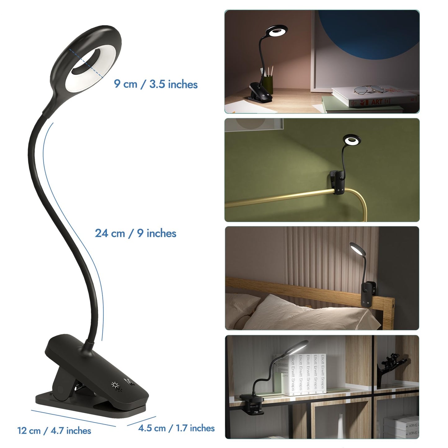 CUHIOY Book Reading Light, Dimmable Clip-On, 3 Colors & Brightness Levels, Flexible Arm, Round Head, Black, Model PH500