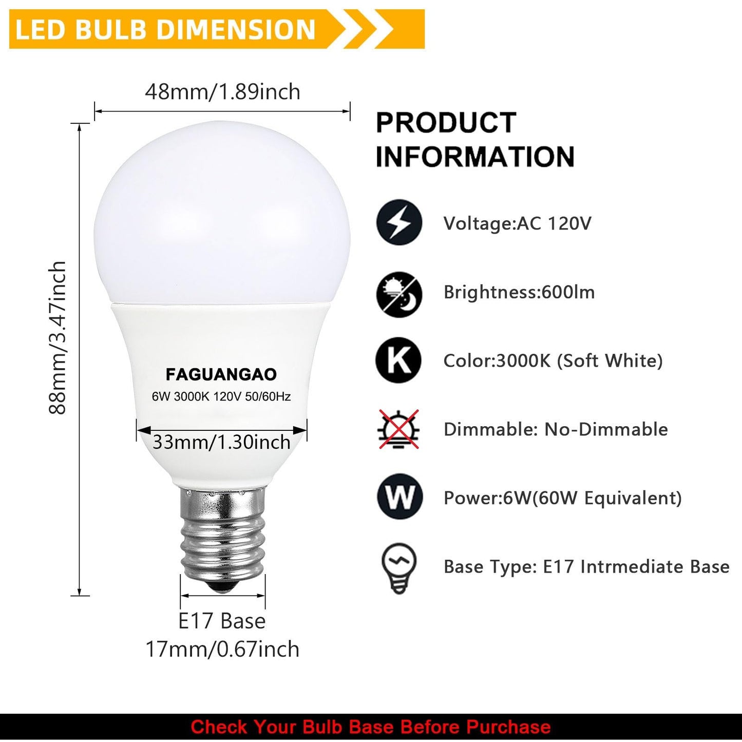 Faguangao E17 Led G14 Bulbs, 6W (60W Equivalent), 3000K Soft White, Plastic, Pack Of 4, Globe Light For Ceiling Fan &