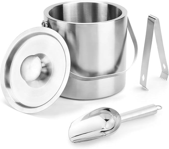 Portable Ice Buckets for Parties 3 Liter Double-Wall Ice Buckets with Lid,Scoop,Tongs,Handle -Stainless steel Ice Containe...