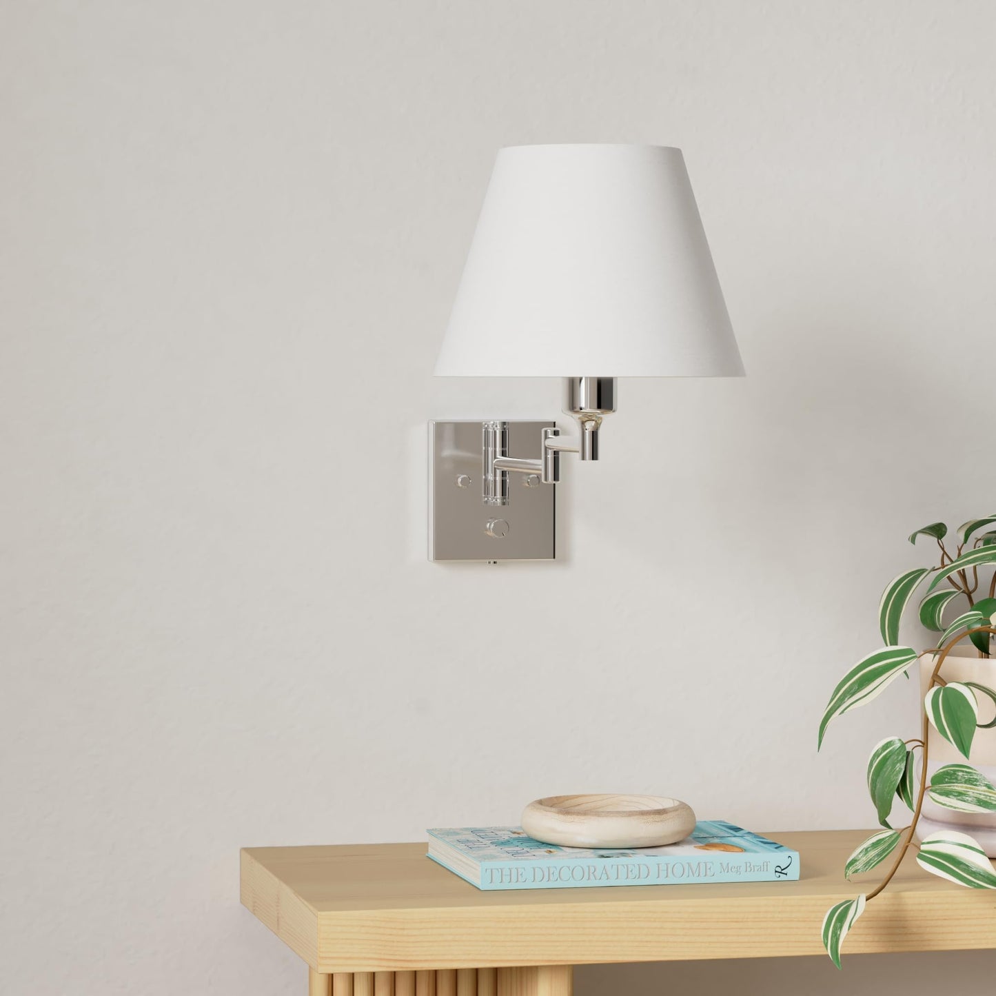 TRLIFE Wall Sconce Set of 2, Dimmable Brushed Nickel Swing Arm Lights, Medium White Fabric Shade, Model BYsconce-M-Whi