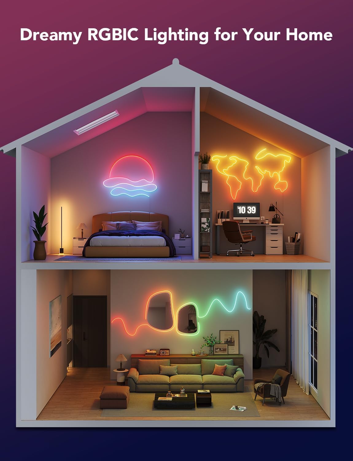 Govee RGBIC Neon Rope Light, 32.8ft, Smart LED with Matter, Alexa, Google Assistant, White, Model H61D6