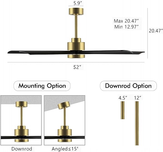 52" Modern Ceiling Fan with Light and Remote Control, 5 Solid Wood Blades 6-Speed Noiseless Reversible DC Motor, Ceiling Fan for Bedroom Dinning Living Room, Gold Finish with Black Blades