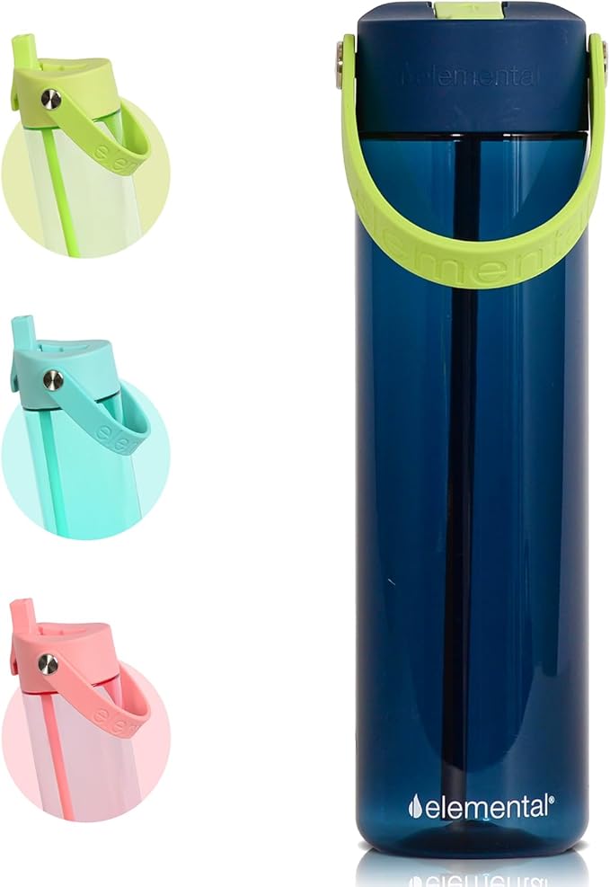 Elemental Splash Water Bottle with Straw - BPA-Free Tritan Plastic Reusable Water Bottle with Strap - Ideal for Travel, Gym and Sports - Leak Proof when Spout is Closed - 26oz - Deep Sea