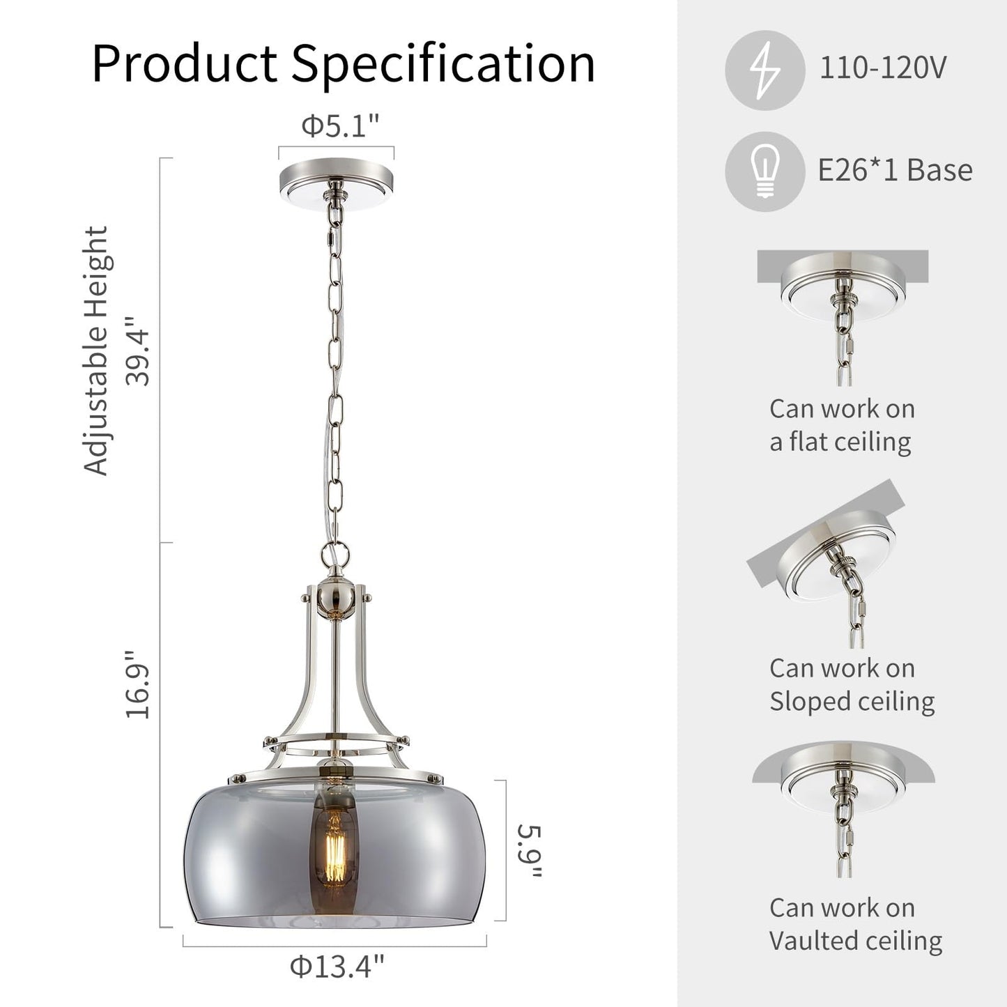 WUZUPS Nickel Chandelier Pendant Light, Electroplated Gray Glass Shade, H 17in W 13.4in, Model USHD9607GR, for Dining Room or Kitchen Island