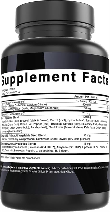 Best Naturals Calcium with D3 K2 Magnesium 90 Tablets - Made with Digestive Enzyme, Probiotics, Omega Blend