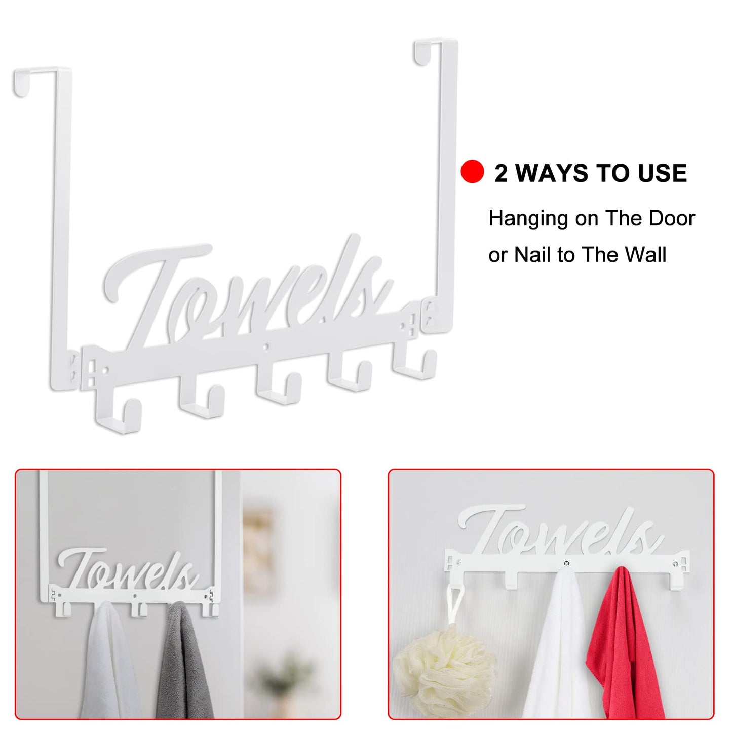 Azmoncy Over The Door Hooks, Towel Rack for Bathroom & Bedroom, Heavy Duty Over Door Towel Hanger with 5 Coat Hooks, White