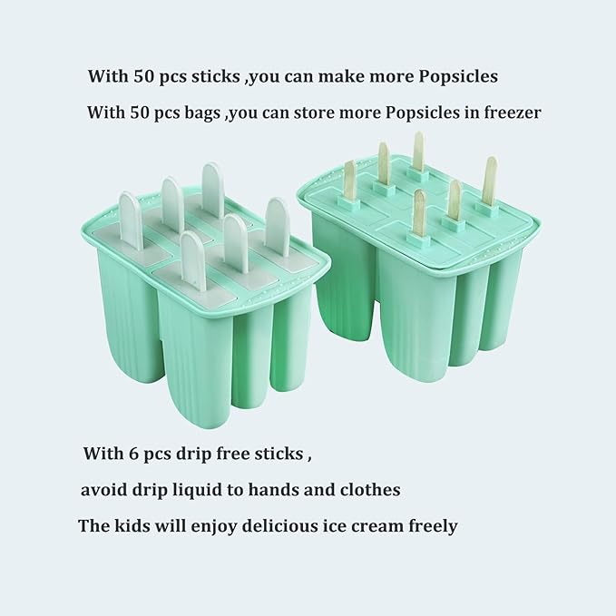 Silicone Popsicle Molds with Sticks Wpunwen 6 Cavity Ice Popsicle MoldsIce Cream Mold with Clean Brush 6 Reusable Sticks 50 Sticks 50 Bags Green