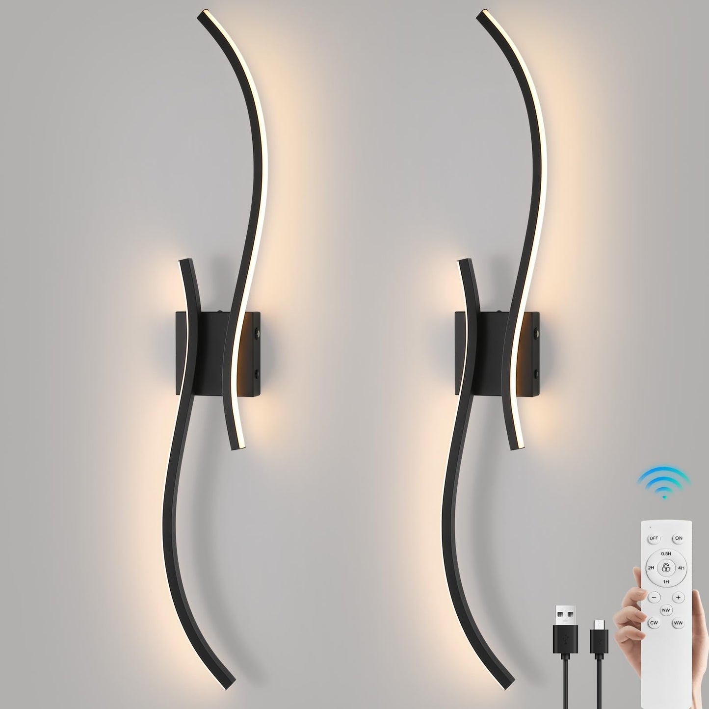 CANEOE Battery Operated Wall Sconce Set of 2, 18000mAh, Dimmable LED, 39.37 Inch, Black, Model WL-100SBL-DC