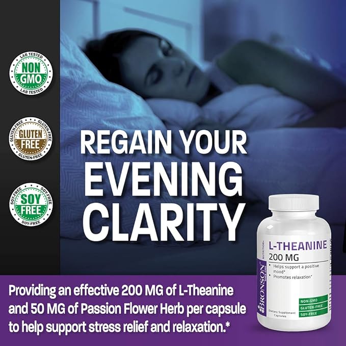 Bronson L-Theanine 200mg (Double-Strength) with Passion Flower Herb, Non-GMO Gluten-Free Soy-Free Stress Management Supplement, 120 Capsules