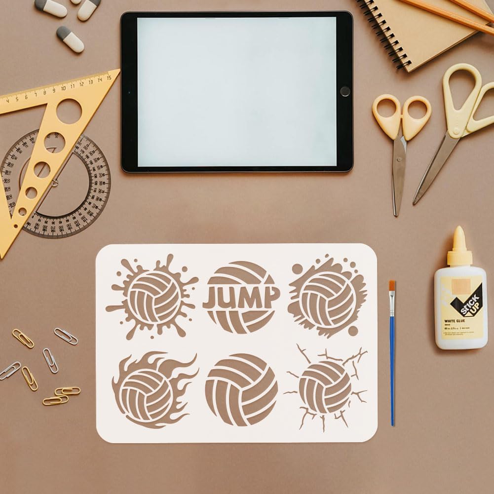 FINGERINSPIRE Volleyball Stencil with a Paint Brush 11.7x8.3Inch 6Styles Volleyball Pattern Stencil bPET Volleyball Decoration Template Reusable Sports Themes Template for Wood Wall Floor Furniture