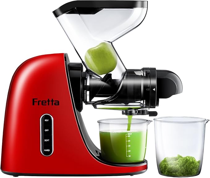 Cold Press Juicer Machines, Fretta Slow Masticating Juicer, BPA-Free Juicers, Extractor de Jugos y Vegetales, 3-inch Large Feed Chute Juice Maker, Quite DC Motor, 200W,Perfect for Christmas gifts(Red)