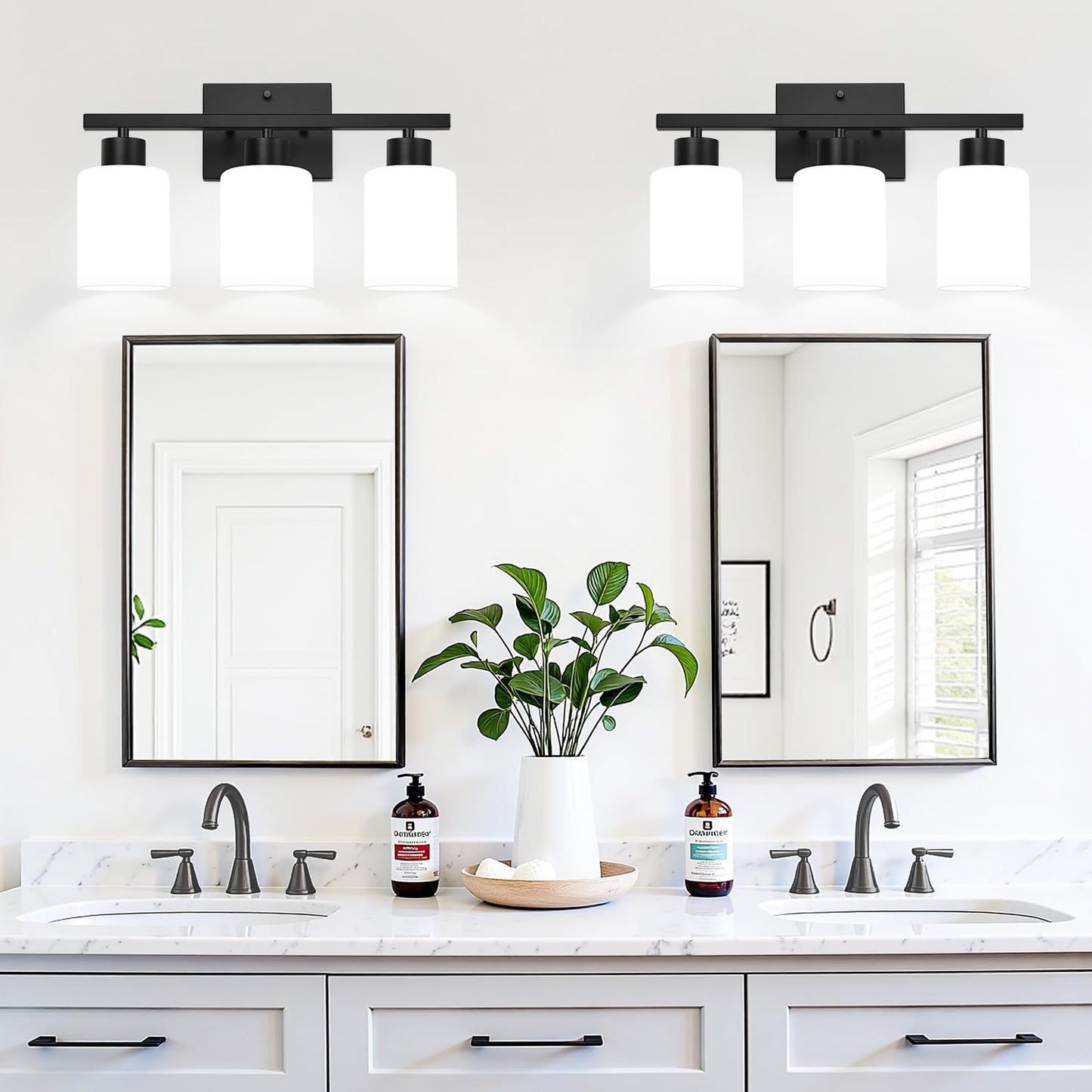 Meybiok 3-Light Bathroom Light Fixtures  Black Vanity Lighting Fixtures With Milky White Frosted Glass Shades  Bathroom Wall Lamp With E26 Socket  For Mirror  Living Room  Bedroom