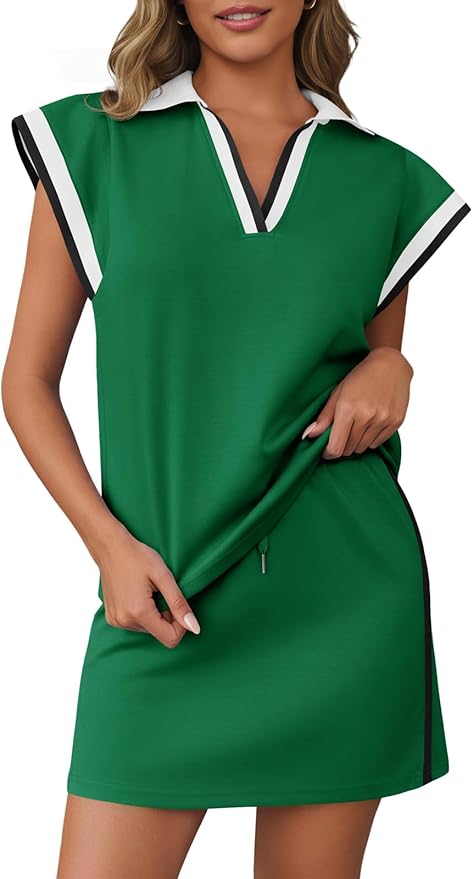 Fisoew Womens 2 Piece Skirt Set Summer Cap Sleeve Tops Matching Tennis Skirts Casual Color Block Vacation Outfits Lounge Sets