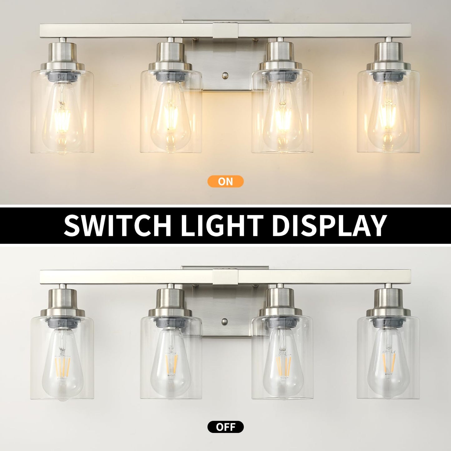 DIKAIDA Bathroom Vanity Light, 4-Light Nickel Modern Matte Wall Sconce Lighting with Clear Glass Shade, Wall Lights,Bath Vintage Wall Mounted Lamps for Mirror Bedroom Living Room