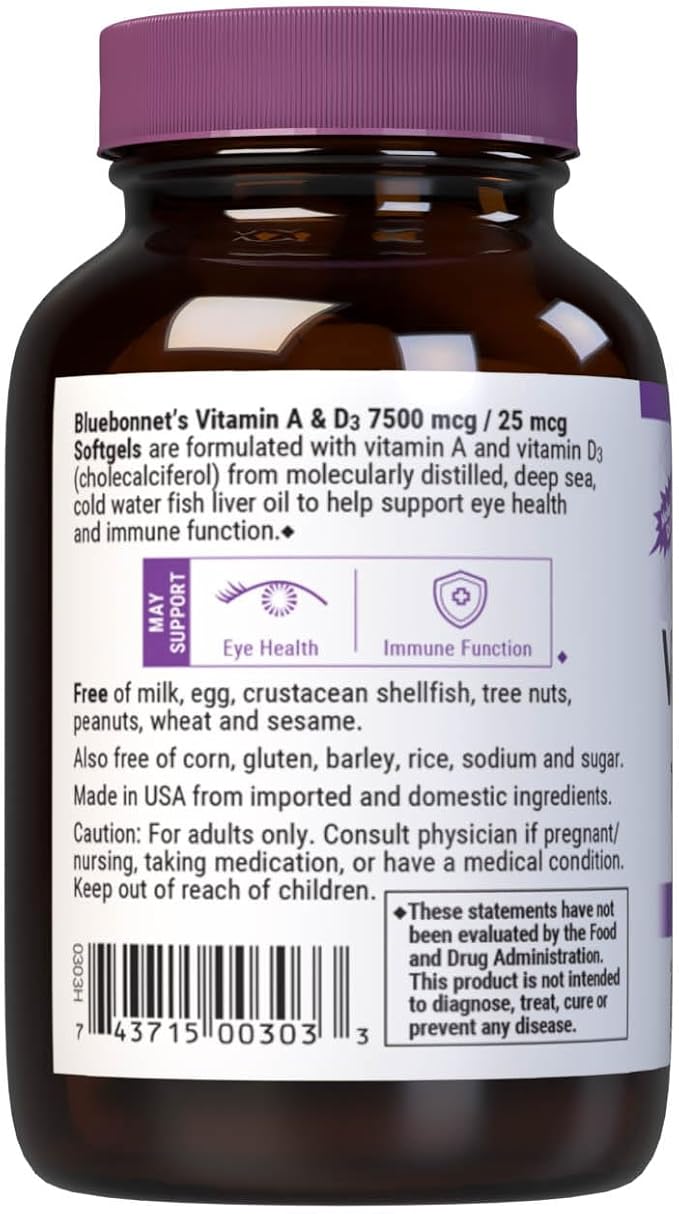Bluebonnet Nutrition Vitamin A & D3 25,000 IU/1,000 IU from Deep Sea, Cold Water, Fish Oil - For Eye Health & Immune Function* - Gluten Free - Dairy Free - Molecularly Distilled - 100 Softgel/Servings