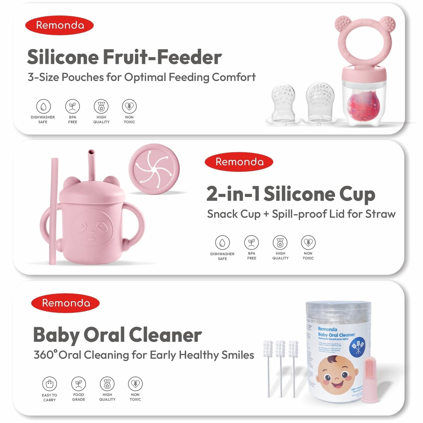 Remonda 23-Piece BPA-Free Silicone Baby Feeding Set | Extra Large Suction Plates, Toddler Bowls, Self Feeding Spoons, and More | Dishwasher Safe| Baby Led Weaning Supplies (Pink)