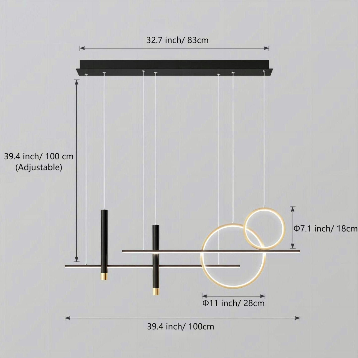 Generic 6 Lights LED Island Light, 39.4in Geometric Pendant, Metal, Remote Control, Dimmable, Black Gold, Model 8656