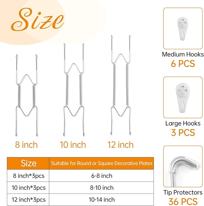 Bilillo 9-Piece Stainless Steel Plate Hangers - Heavy Duty 8/10/12 Inch Invisible Wall Plate Holders with 9 Wall Hooks & 36 Rubber Tip Protectors for 8-14 Inch Decorative Plates (Silver)