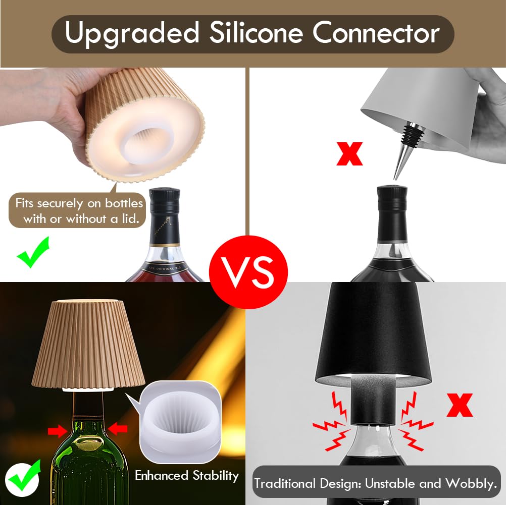 WILIT Wireless Bottle Lamp Shades, 3 Level Brightness, Rechargeable Table Decor, 2pcs Wood Grain