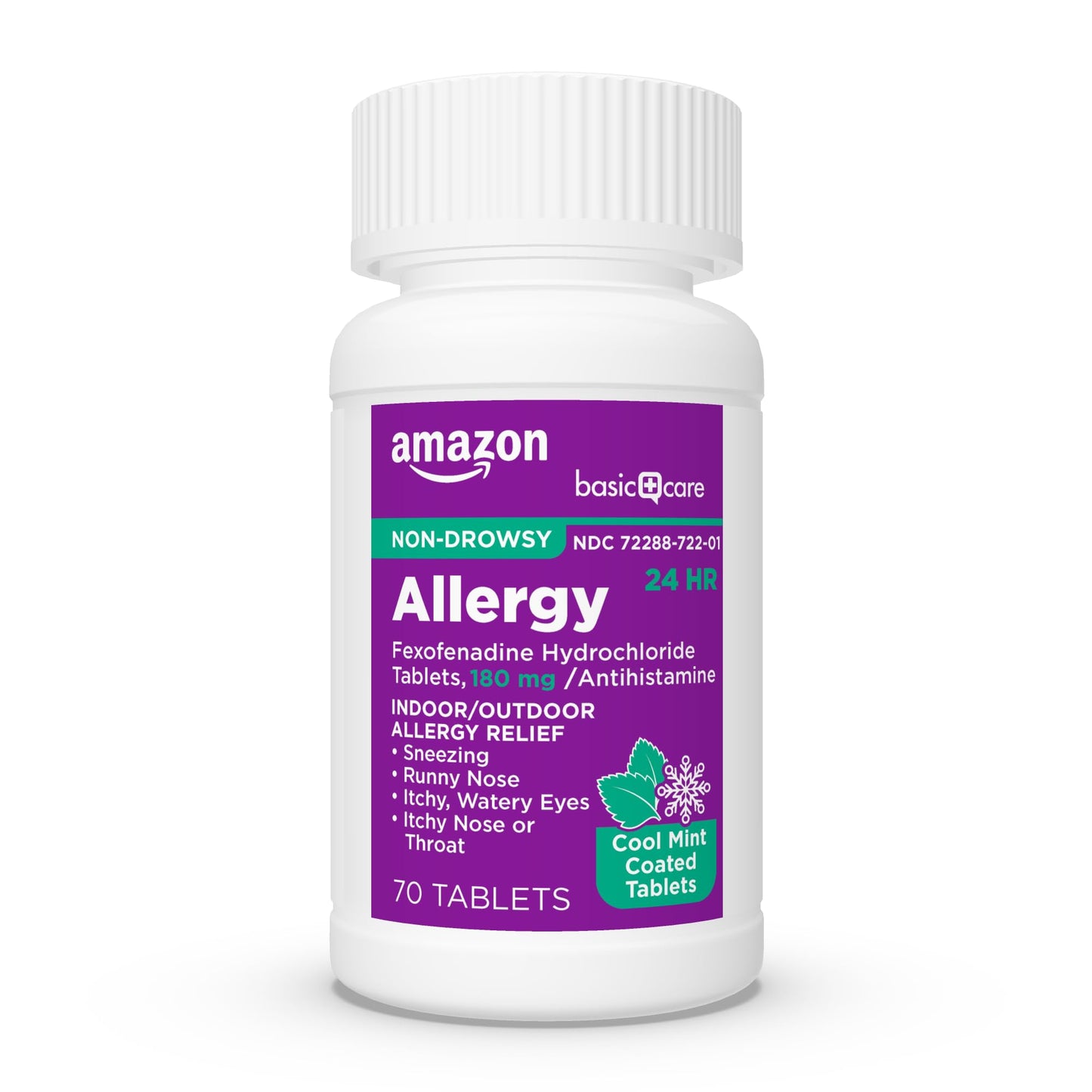 Amazon Basic Care Allergy Relief, 24 Hour, Fexofenadine Hydrochloride 180 mg, Non-Drowsy Antihistamine, Cool Mint Coated Tablets, 70 Count (Pack of 2)