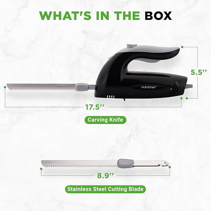 NutriChef Upgraded Premium Electric Knife - 8.9" Carving Knife, Serrated Blades, Lightweight, Ergonomic Design Easy Grip, Easy Blade Removal, Great For Thanksgiving, Meat & Cheese, Black - PKELKN8