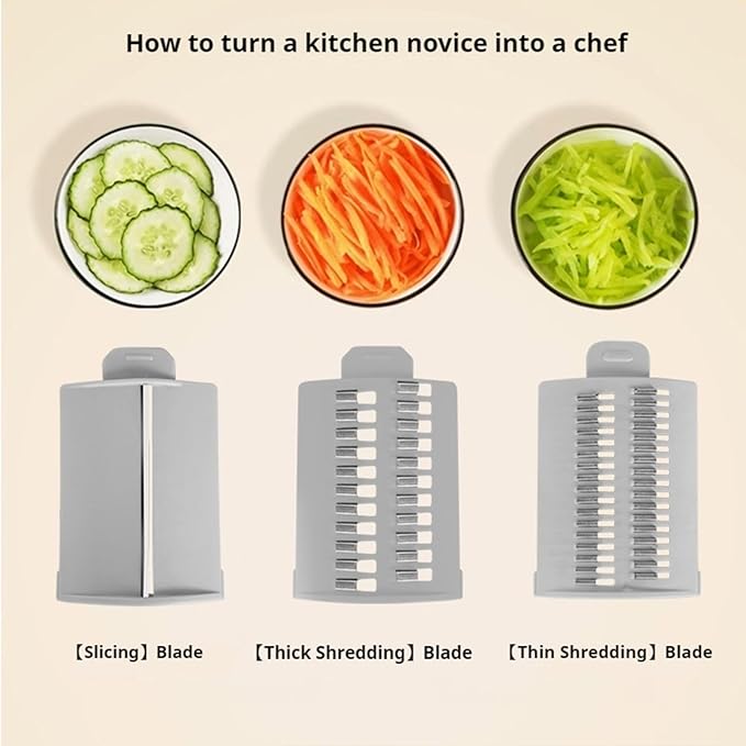 Rotary Cheese Grater, 6-in-1 Vegetable Shredder and Mandoline Slicer with 6 Stainless Steel Blades, Easy to Use & Clean Food Chopper with Dicing Blade (White)
