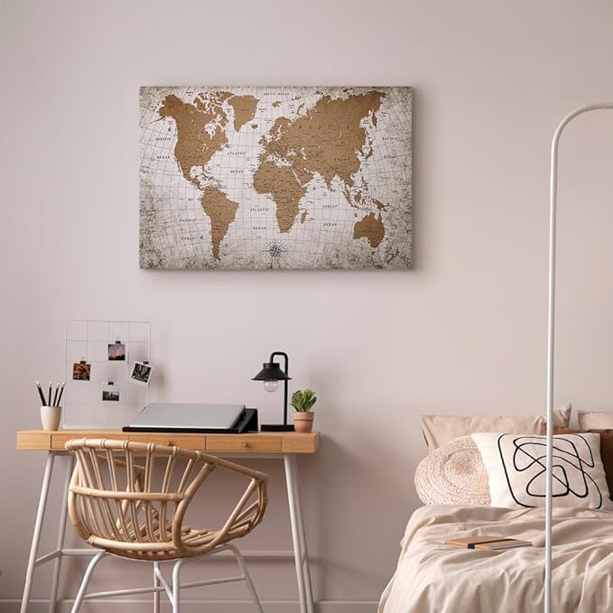 artgeist Canvas Wall Art Print World Map 35x24 in - 1pcs Home Decor Framed Stretched Picture Photo Painting Artwork Image Abstract World Map Vintage Continents k-C-10001-b-a