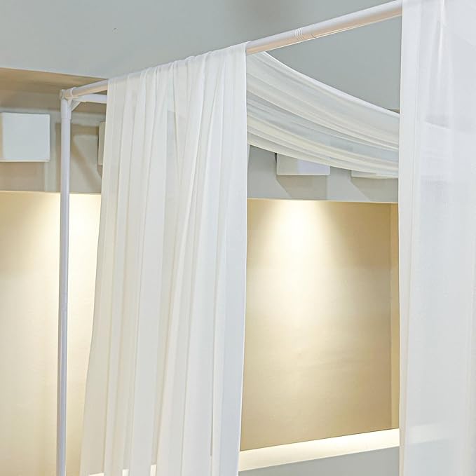 AIKASY White Bed Canopy Scarf for Full/Queen - Luxury Sheer Canopy Bed Curtains with Light - Suitable for Four-Poster Bed, Metal Bed Frame, Wood Bed Frame -1pic