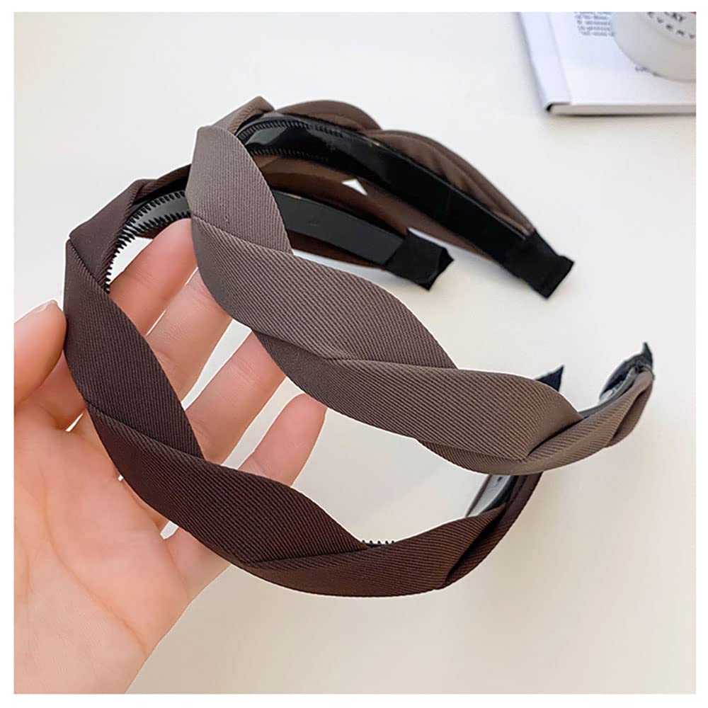 Springtime Set of 4 Fashion Solid Headbands for Women Girls 1.2inch Wide Braided Headband Fabric Hairbands with Tooth Non Slip H