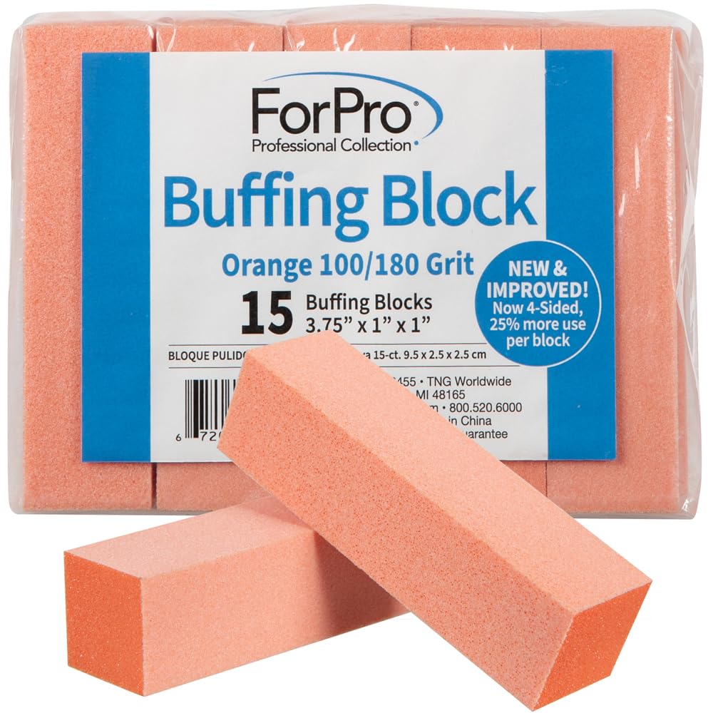 ForPro Professional Collection Buffing Block, Orange, 100/180 Grit, Three-Sided Manicure and Pedicure Nail Buffer, 3.75    L x 1