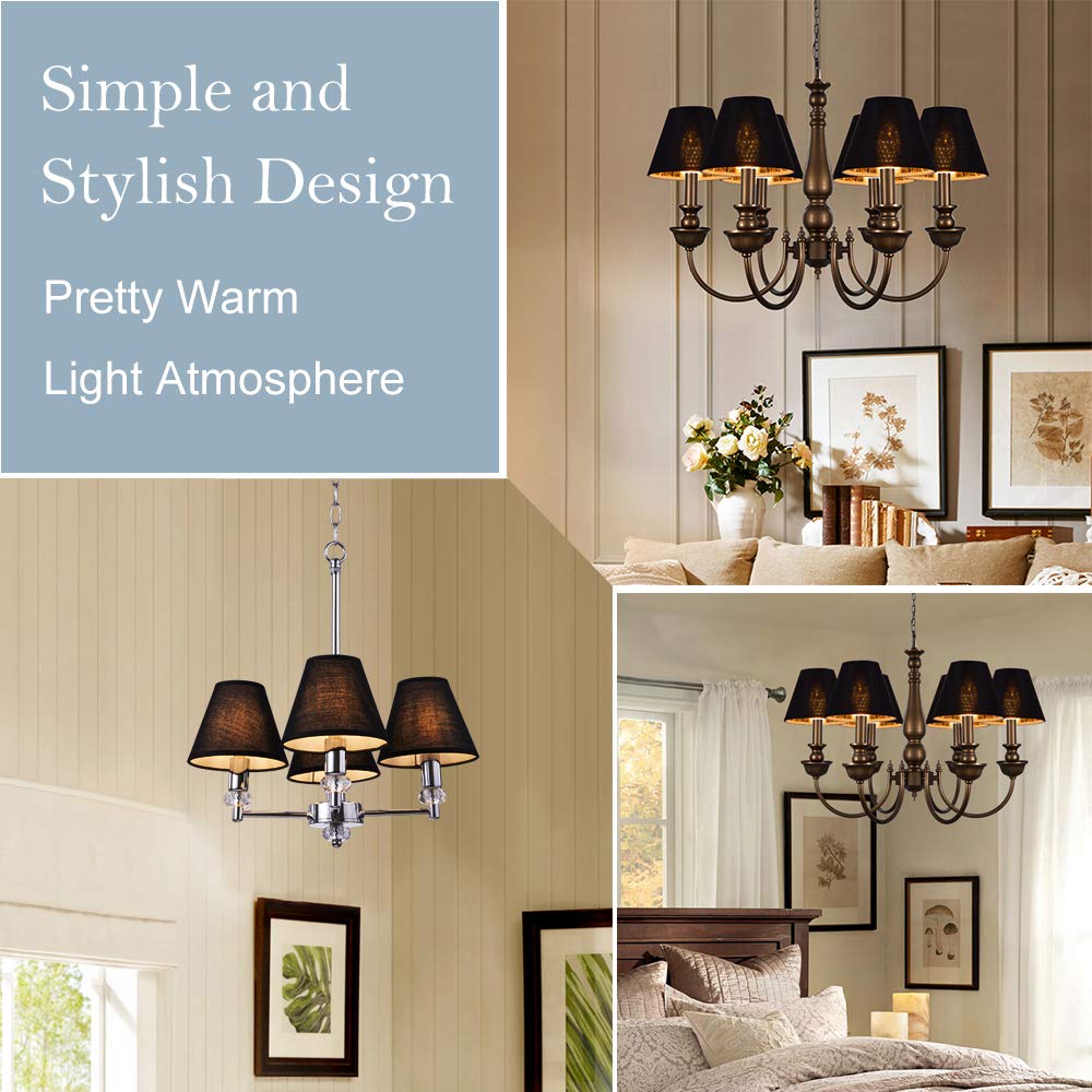 Wellmet Chandelier Lamp Shades, Fabric, Black-Gold, Set Of 6, Clip-On Fitter, 3 X 6 X 5, Model Lp-Tap-Black