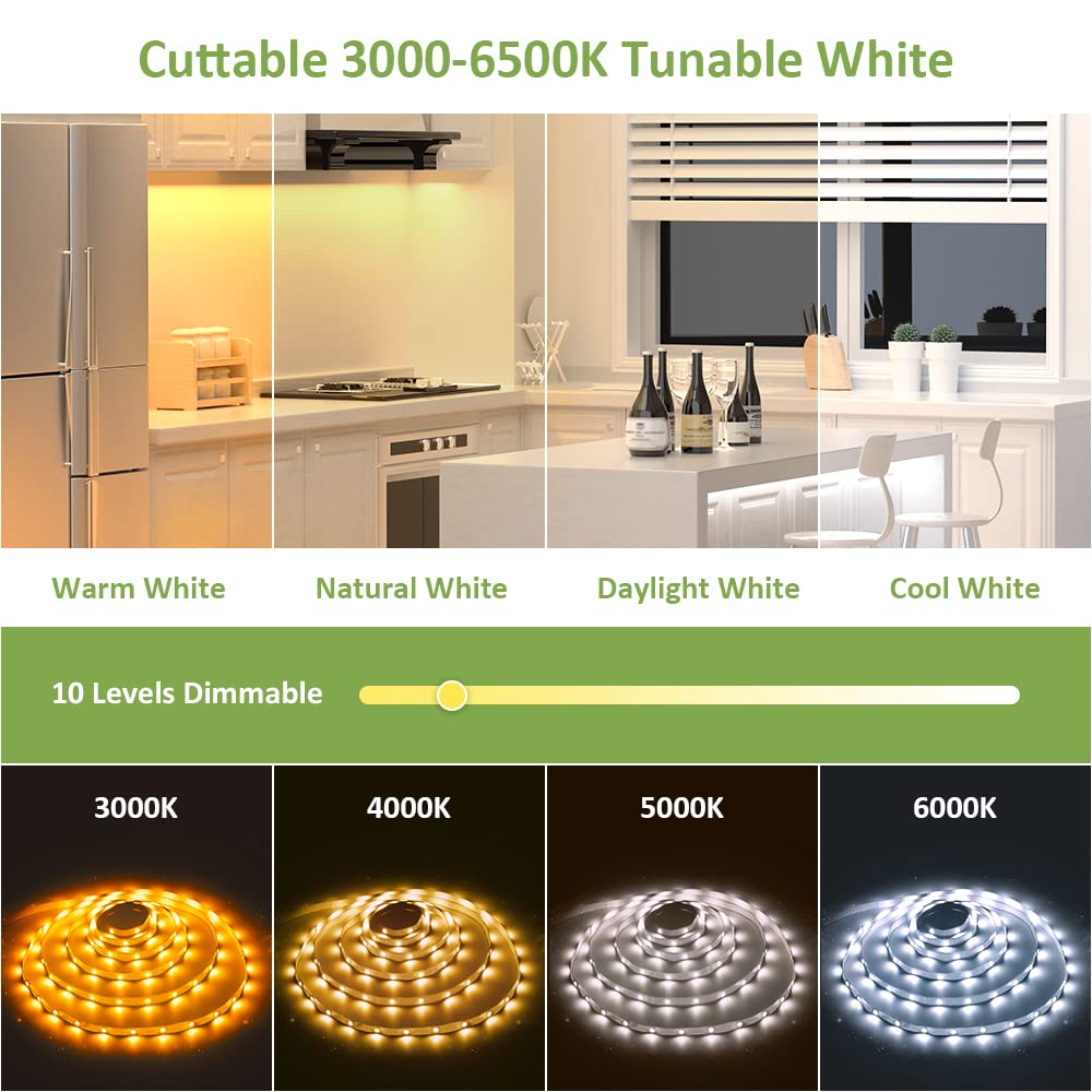 Novostella 20Ft Dimmable Tunable White Led Strip Light Kit, Flexible Rope, Warm White + Daylight White, 24V For Home & Kitchen Lighting