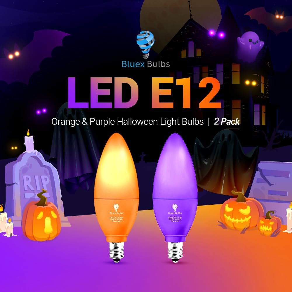 2 Pack Bluex Led Candle Purple Orange Light Bulb - 4W (40Watt Equivalent) - E12 Base Purple Orange Led  Party Decoration  Porch  Home Lighting  Holiday Lighting  Candelabra Bulbs