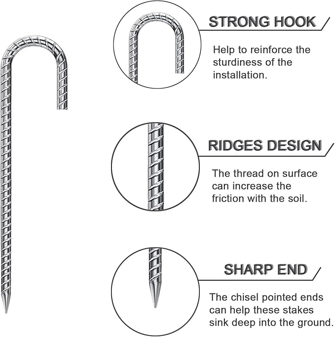 Rebar Stakes 16 Inch 9 Pack Tent Stakes Heavy Duty Metal J Hook, Fence Stakes for Trampoline, Fence, Camping Tent (9, J-16 x2/5")