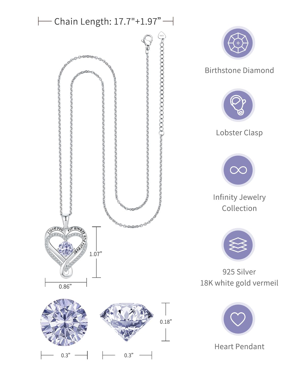 Mkhhy S925 Necklace for Women Anniversary Birthday Gifts for Wife Girlfriend Her Infinity Heart Birthstone Womens Jewelry Silver