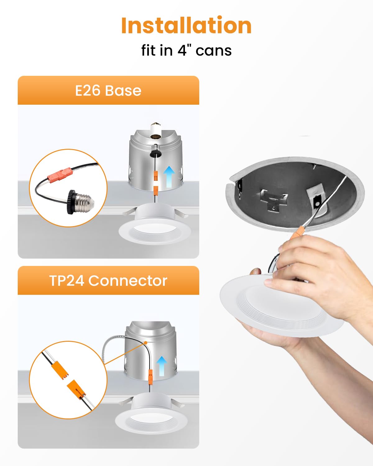 Retrofit Recessed Lighting 4 Inch - 5Cct Selectable  Dimmable Can Lights With Baffle Trim  Smooth Trim  9W  800Lm  Damp Rated  4Inch 12P Black