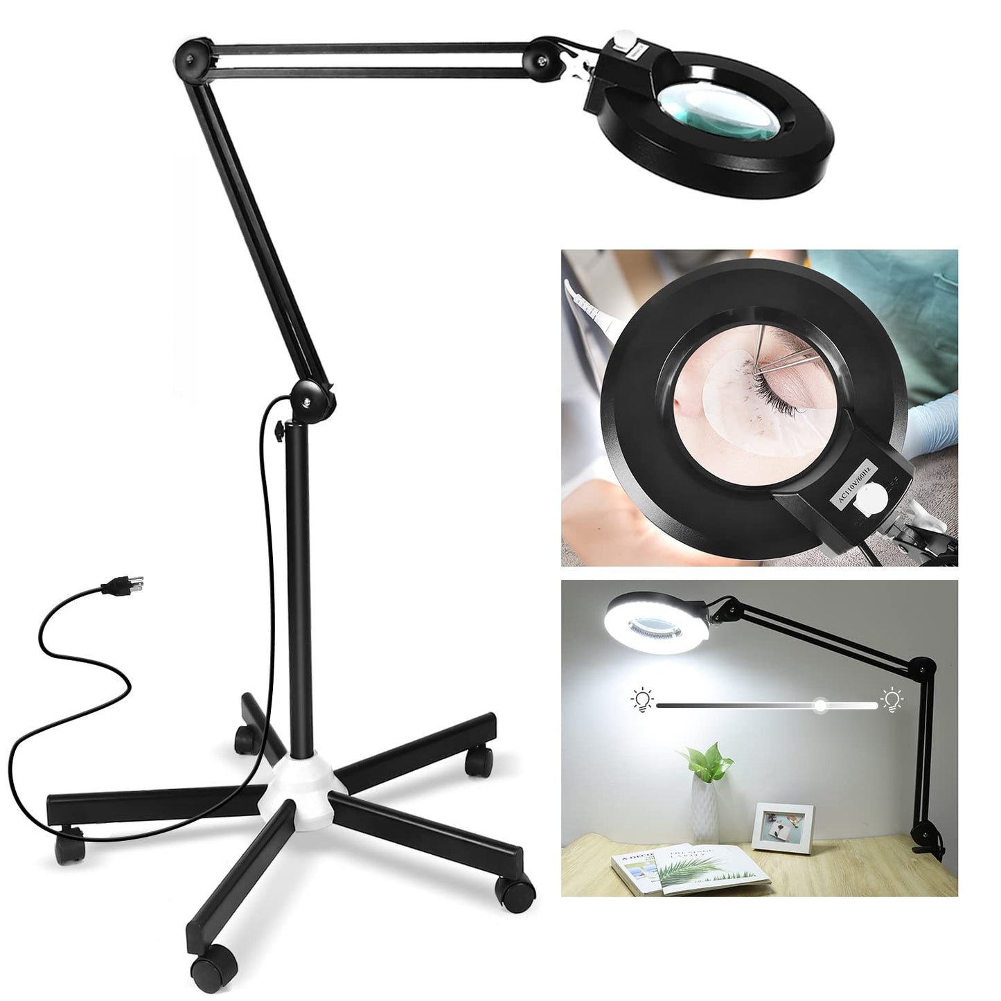 LANCOSC 8X Magnifying Glass with Light, 1,500 Lumens Dimmable LED, Floor Lamp with Rolling Base, Black, Model FL-BH