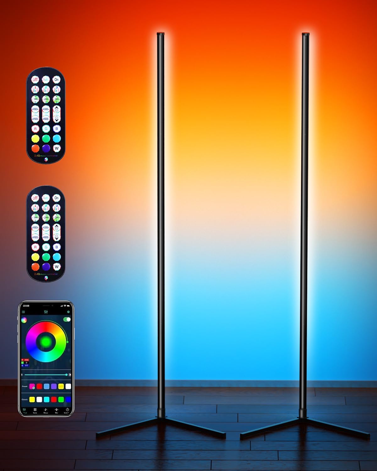 Bodami Smart RGB Corner Floor Lamp, APP & Voice Control, Dimmable, 2 Pack, Aluminum