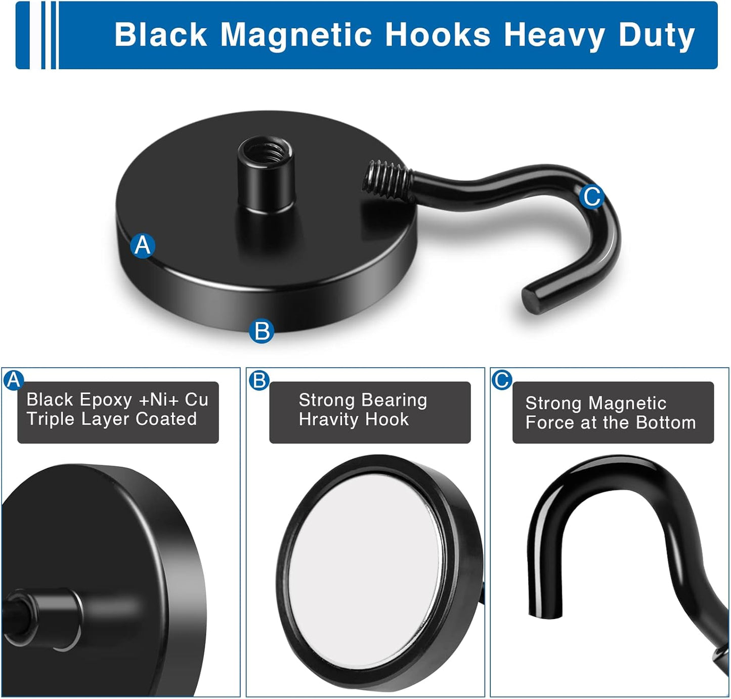 LOVIMAG Black Magnetic Hooks Heavy Duty, 120lbs Strong Neodymium Magnet Hook with Epoxy Coating for Cruise Cabins, Magnets with Hook for Locker, Classroom, Kitchen,Office,Metal Door Etc-4 Pack