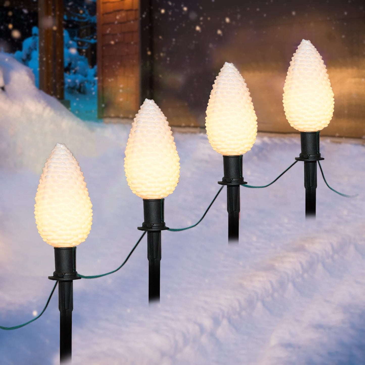 C9 Christmas Lights, 7Ft Pinecone Pathway Stake With 4 Jumbo C9 LED White Pinecones, Connectable Outdoor Marker Lights for Walkw
