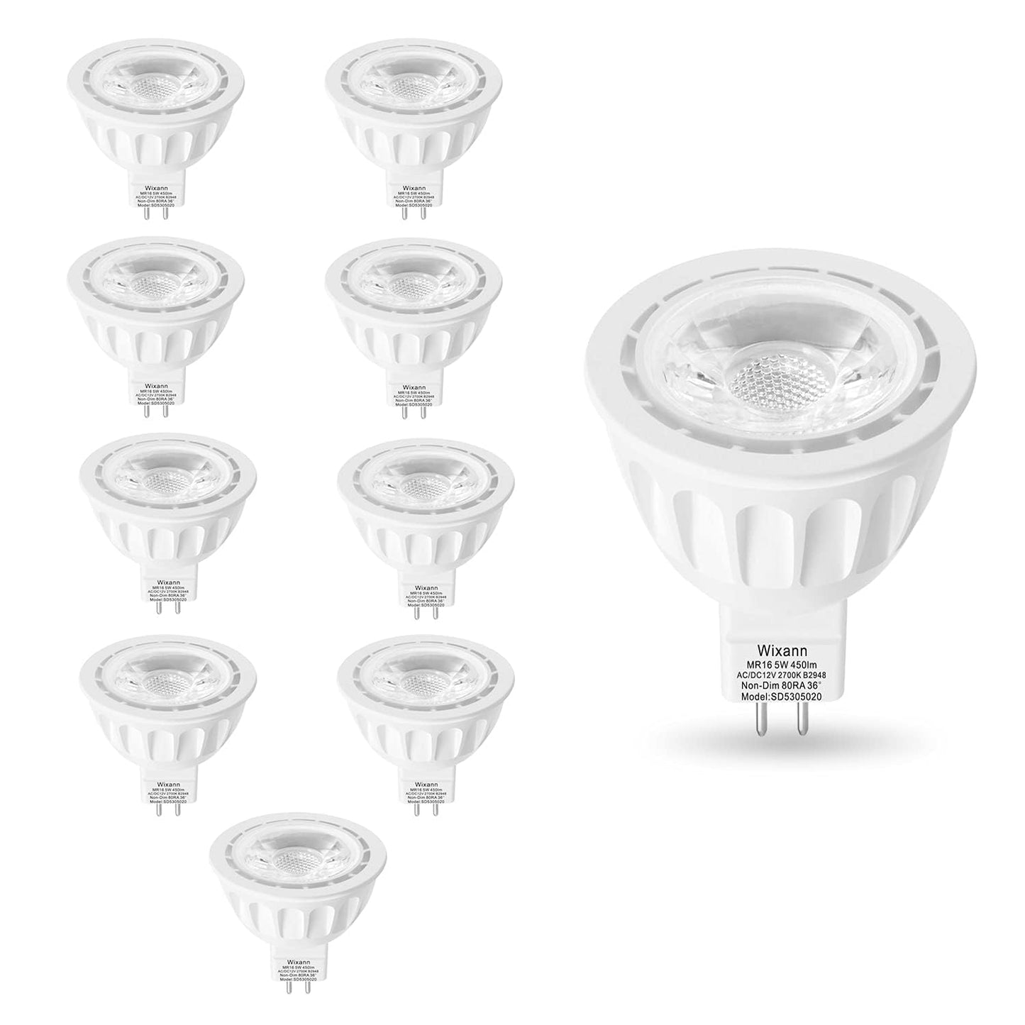 Wixann Mr16 Led Bulb 5W 12V 3000K Soft Warm White Gu5.3 Bi-Pin Base 10 Pack - Not Dimmable, 450Lm