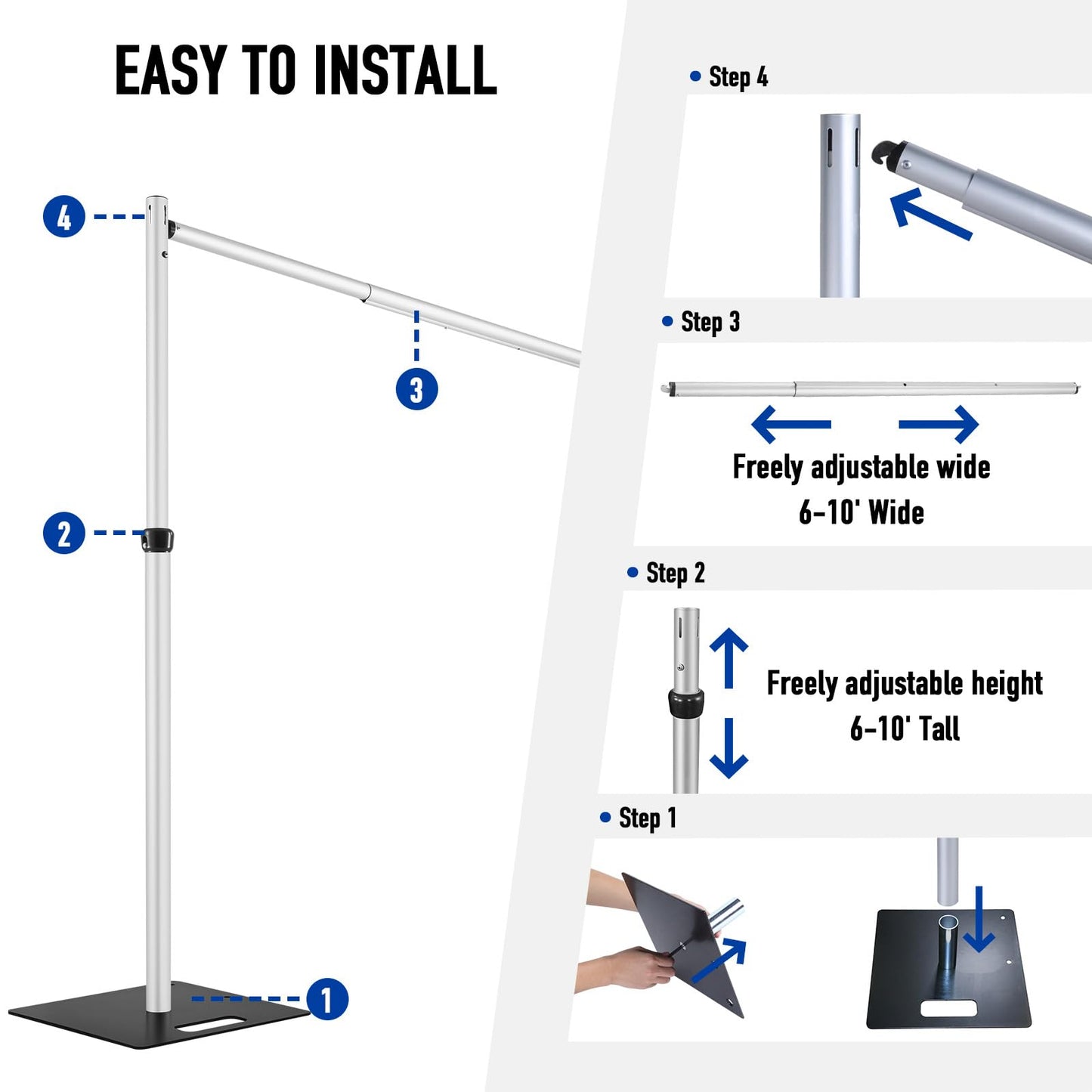 Hecis 10x30Ft Pipe and Drape Stand, Heavy Duty Backdrop Stand, 6-10' Tall x 10-30' Wide Adjustable Pipe and Drape, Backdrop Stand, Aluminium Backdrop Stand for Event,Birthday Party and Wedding Decor