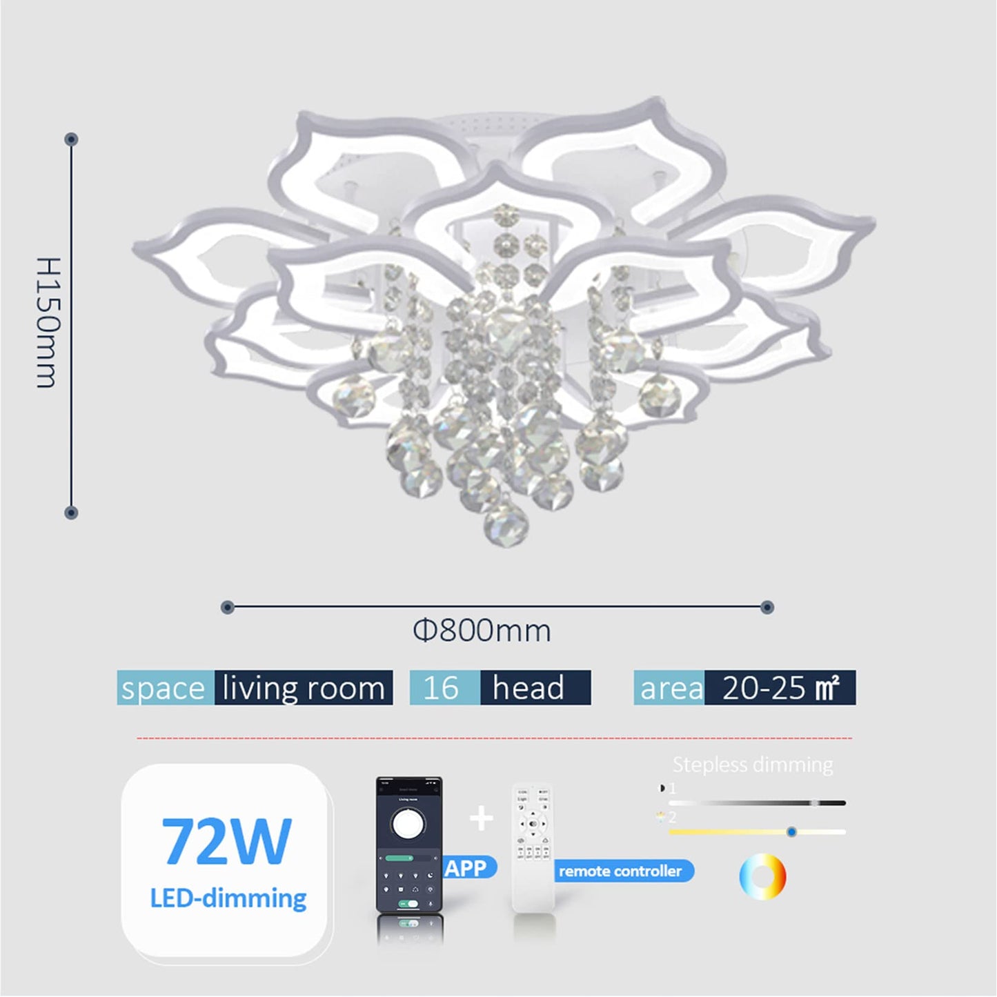 AHAWILL Modern Ceiling Light, 72W Crystal Flush Mount Chandelier, 16 Heads, Remote Control, White, for Living Room, Bedroom, Dining Room