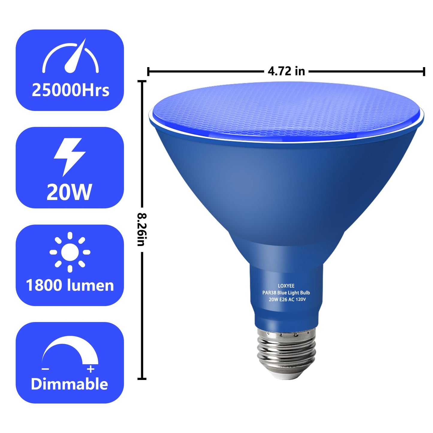 Loxyee Par38 Flood Blue Light Bulbs 4 Pack Dimmable E26 Base Blue Flood Light Outoor(20W Replace To 200W) Halloween Light Bulb For Outside Christmas Holiday Lighting