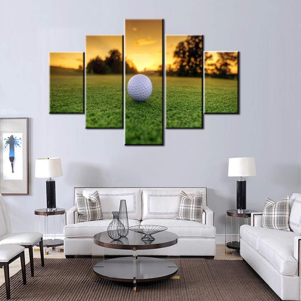 Wall Pictures for Living Room Golf Course Sunset Scenery Paintings White Golfball Artwork Gallery-Wrapped 5 Panel Prints Canvas Wall Art Modern Home Decor Framed Stretched Ready to Hang(60''Wx40''H)